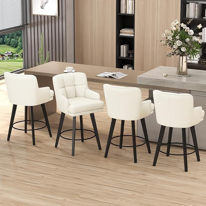 360°Swivel Counter Height Bar Stools with Back, 26 inch Solid Wood Legs, Bar Stool Modern Kitchen Island Chairs, Faux Leather (Beige- Faux Leather, 26" H- Set of 4)