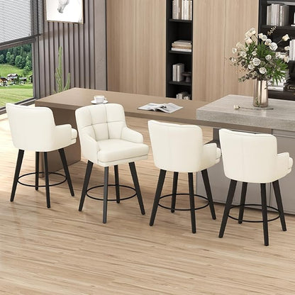 360°Swivel Counter Height Bar Stools with Back, 26 inch Solid Wood Legs, Bar Stool Modern Kitchen Island Chairs, Faux Leather (Beige- Faux Leather, 26" H- Set of 4)
