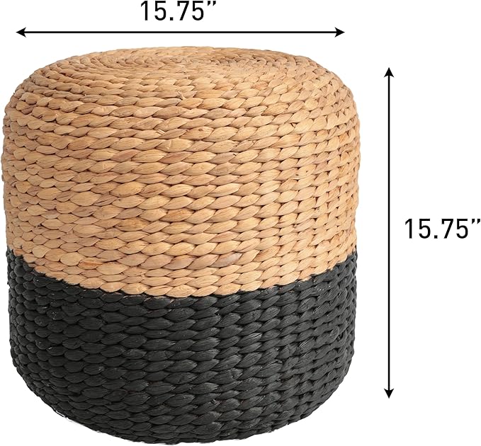 JONATHAN Y TBL2500A Aimee 15.7" Modern Minimalist Two-Tone Hand-Woven Hyacinth Ottoman for Living Room, Bedroom, Entryway, Foyer, Natural Seagrass Foot Stool, Handwoven Footrest, Natural/Black