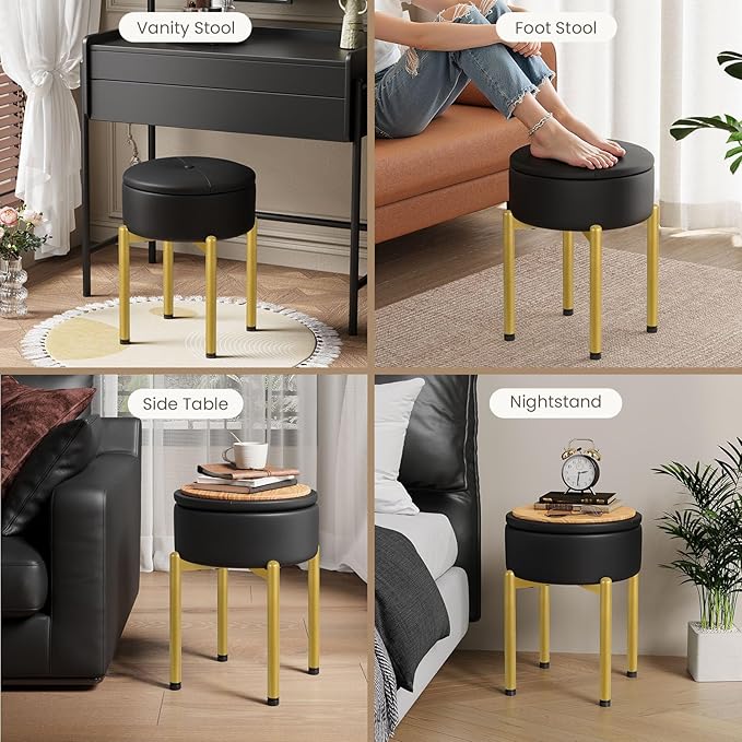 18-Inch Leather Vanity Stool Chair with Storage, Vanity Bench with 4 Golden Metal Legs & Anti-Slip Adjustable Feet,Round Storage Ottoman Stool with Removable Soft Padded Seat, Black