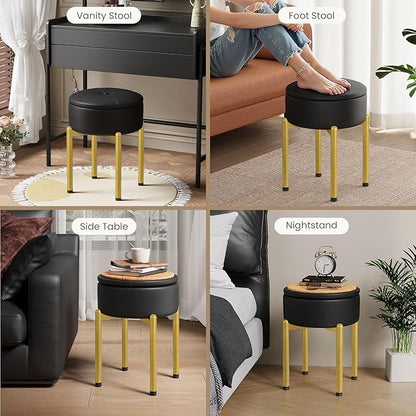18-Inch Leather Vanity Stool Chair with Storage, Vanity Bench with 4 Golden Metal Legs & Anti-Slip Adjustable Feet,Round Storage Ottoman Stool with Removable Soft Padded Seat, Black