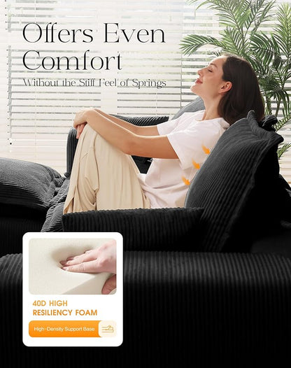 107" Comfy Cloud Couch with L-Shape Chaise & Deep Seat, Modular Sectional Sofa in a Box, Boneless Upholstered Couches for Living Room, No Assembly Required (Soft Corduroy, Black)