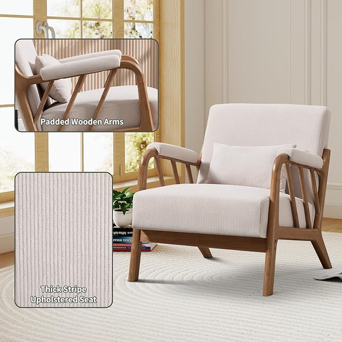 Mid Century Modern Accent Chair with Solid Wood Frame, Upholstered Living Room Chairs with Lumbar Cushion Padded Arms, Reading Armchair for Bedroom (1, Beige)