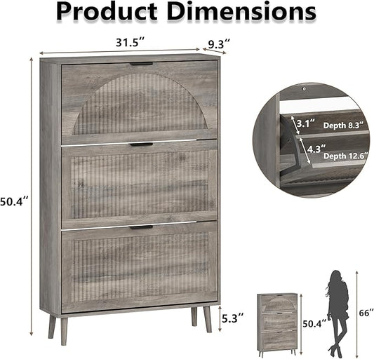 Shoe Cabinet for Entryway with 3 Flip Drawers, Slim Wooden Shoe Storage Organizer with Modern Fluted Pannel，Freestanding Narrow Hidden Shoe Rack for Hallway, Foyer, Living Room