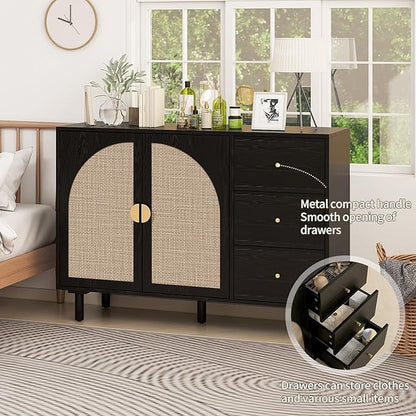 Black Sideboard Cabinet with 2 Rattan Doors and 3 Drawers, Rattan Buffet Cabinet with Adjustable Shelves & Pine Legs, Boho Sideboard Buffet for Living Room, Kitchen, Entryway, Black