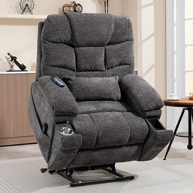 Power Lift Recliner for Elderly Adults, Dual Motor Lay Flat Lift Chair with Heat Massage, Cup Holder & Wireless Phone Charger, USB Type C Charging, Big Tall 400 lbs