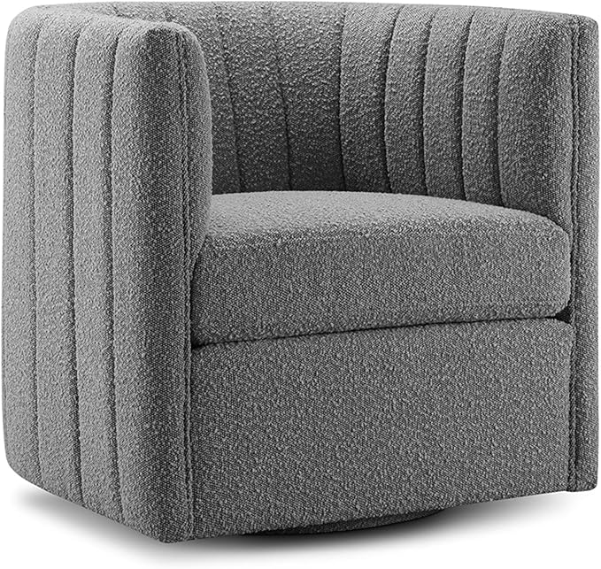 CHERS Rivet Mid-Century Modern Swivel Armchair, Bouclé Fabric Channel-Tufted Accent Chair, 360-Degree Rotating Lounge Chair with Ergonomic Design for Living Room, Bedroom, Home Theater, Gray