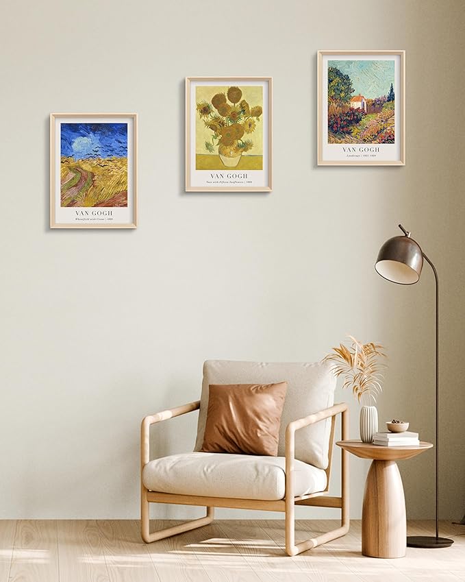 HesenDot Van Gogh Framed Wall Art Set of 3, 12x16 Inch Canvas Prints, Wheatfield, Sunflowers, Landscape Paintings, Vintage Artwork Posters Home Decoration for Living Room Bedroom Gallery Office
