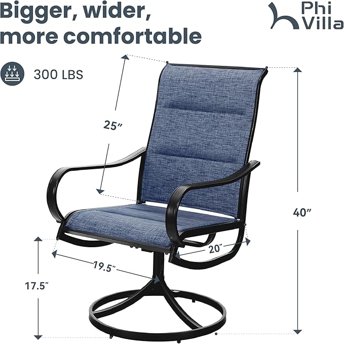 PHI VILLA Patio Swivel Dining Chairs Set of 4, All Weather Outdoor Chair with Padded Textilene & Black Metal Frame for Outdoor Lawn Garden Poolside (Blue)