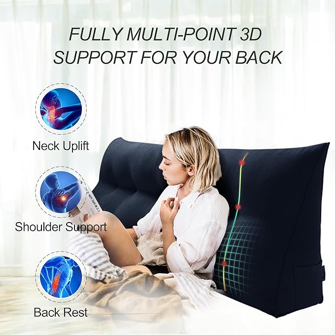 WOWMAX 85% Linen 15% Cotton Blend Headboard Pillow – Queen Size Reading Wedge Backrest for Bed, Handmade Firm Support Bolster Cushion with Removable Cover, Premium Bed Rest Pillow, Blue