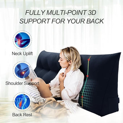WOWMAX 85% Linen 15% Cotton Blend Headboard Pillow – Queen Size Reading Wedge Backrest for Bed, Handmade Firm Support Bolster Cushion with Removable Cover, Premium Bed Rest Pillow, Blue