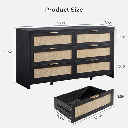 SICOTAS Rattan Dresser for Bedroom, 56.9" Wide 6 Drawer Dresser with Ample Storage, Wooden Dressers Large Chest of Drawers, Closet, Boho TV Stand for Bedroom (Black Oak, 1 Piece)