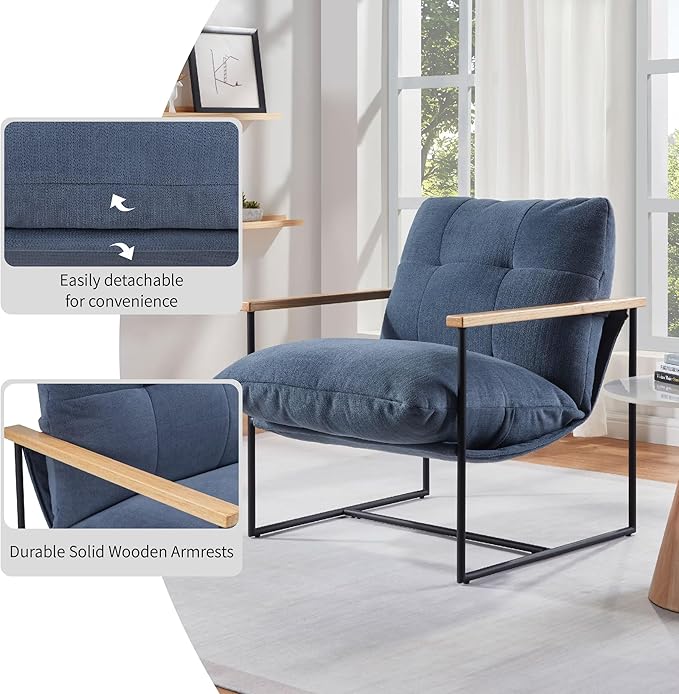 FLEXISPOT Accent Chair for Living Room,Arm Chair for Bedroom,with Wooden Arms, Wide Large Plus Size Cushion,Metal Frame,Reading Bedroom Chair Armchair for Home/Office/Cafe/Apartment/Waiting Room,Blue