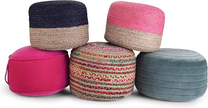 SIMPLIHOME Vivienne Boho Round Pouf in Turquoise Velvet Fabric for the Living Room, Bedroom and Kids Room