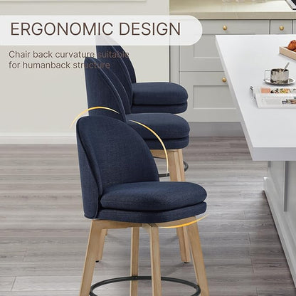Counter Height Barstools 26 inch Upholstered Swivel Bar Stools with Back and Wood Legs for Kitchen Island,Set of 2,Blue Fabric-Armless