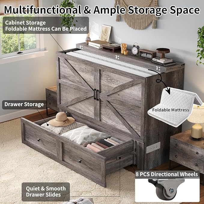 Full Murphy Bed Cabinet with Charging Station, Foldable Platform Bed Frame with Drawer, Space-Saving Guest Bed for Home Office or Small Spaces, Rustic Grey