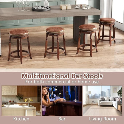 COSTWAY Round Swivel Wooden Bar Stools Set of 4, 24-inch Upholstered Backless PU Leather Farmhouse Counter Chairs with Footrest, Decorative Rivets for Kitchen Island, Dining Room, Walnut