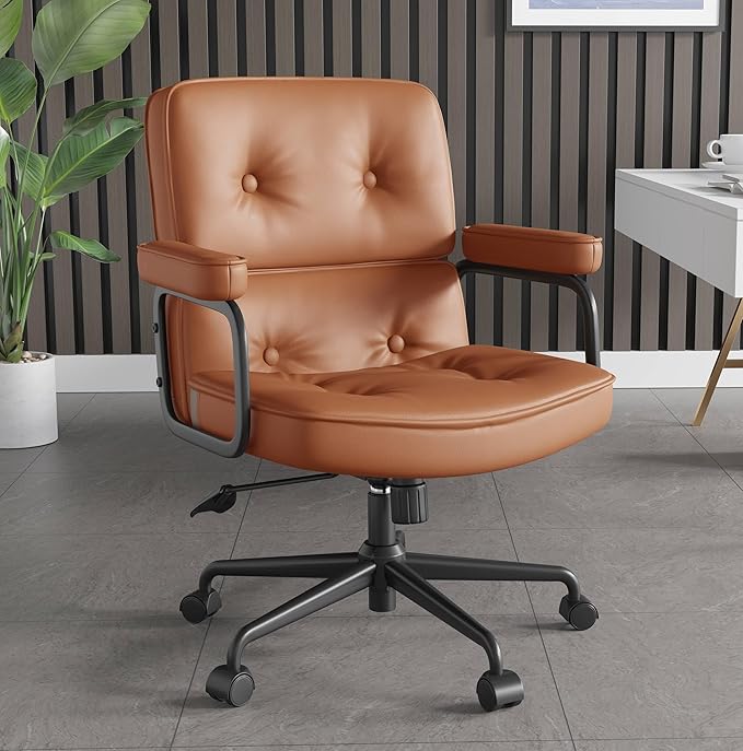 Brown Office Chair, Modern Leather Desk Chair with Wheels and Arms, Adjustable Height, Comfy Wide Desk Chair with Lumbar Support