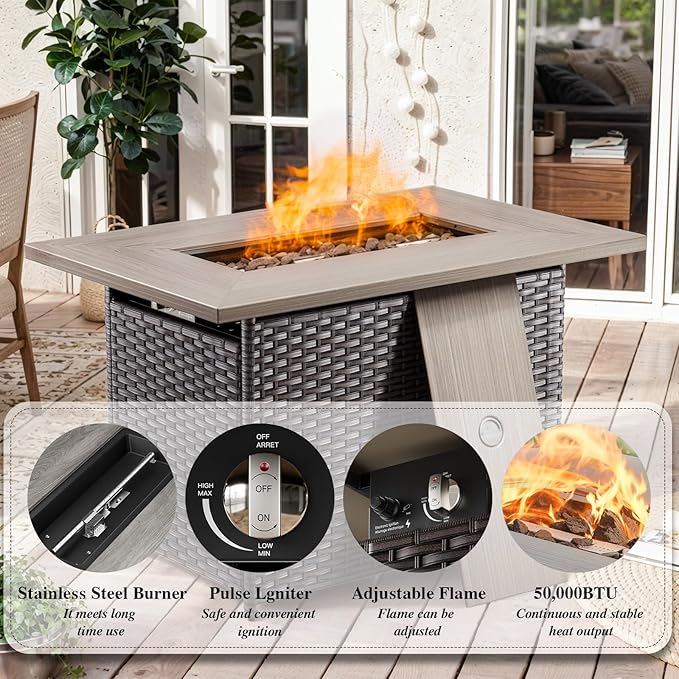 HUMMUH 8 Pieces Outdoor Patio Furniture Set with Fire Pit,L-Shaped Modular Sectional Couches with Swivel Patio Chairs,Wicker Conversation Set for Deck,Backyard,Porch,Garden