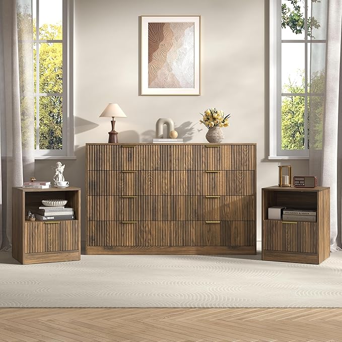 3-Piece Modern Bedroom Furniture Set, Wide 8-Drawer Dresser & 1-Drawer Nightstands Set of 2, Natural Wood Dresser and Nightstand Sets for Bedroom, Hallway, Walnut