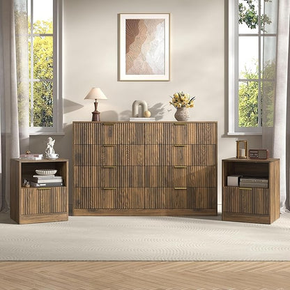 3-Piece Modern Bedroom Furniture Set, Wide 8-Drawer Dresser & 1-Drawer Nightstands Set of 2, Natural Wood Dresser and Nightstand Sets for Bedroom, Hallway, Walnut