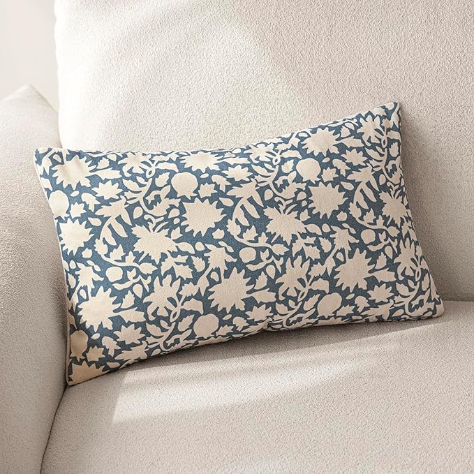 Foindtower Set of 2 Decorative Neutral Floral Throw Pillow Covers Accent Farmhouse Cushion Covers Boho Lumbar Pillowcase for Couch Sofa Bedroom Living Room Home Decor,12×20 Inch,Dusty Blue