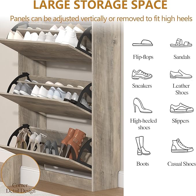 Shoe Storage Cabinet with 3 Flip Drawers, Slim Hidden Wood Shoe Cabinet Storage for Entryway, Freestanding Narrow Shoe Rack Organizer with Adjustable Shelves for Foyer, Hallway, Grey