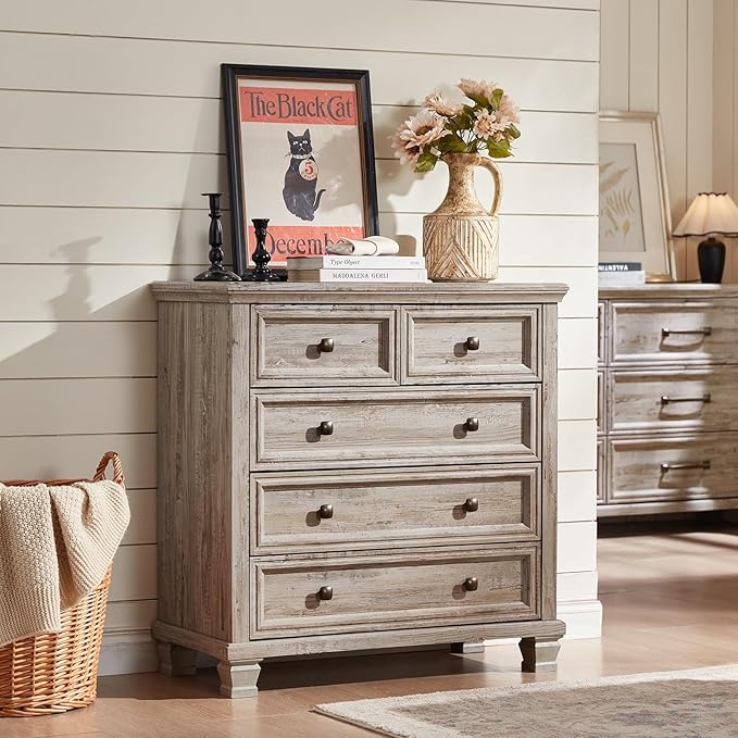 Farmhouse Bedroom Dresser and Nightstand Set of 4, 6 Drawer Low & 5 Drawers Dresser & 2 Drawer Nightstand Set, Rustic Wood Bedroom Furniture Set for Livingroom, Hallway, Grey