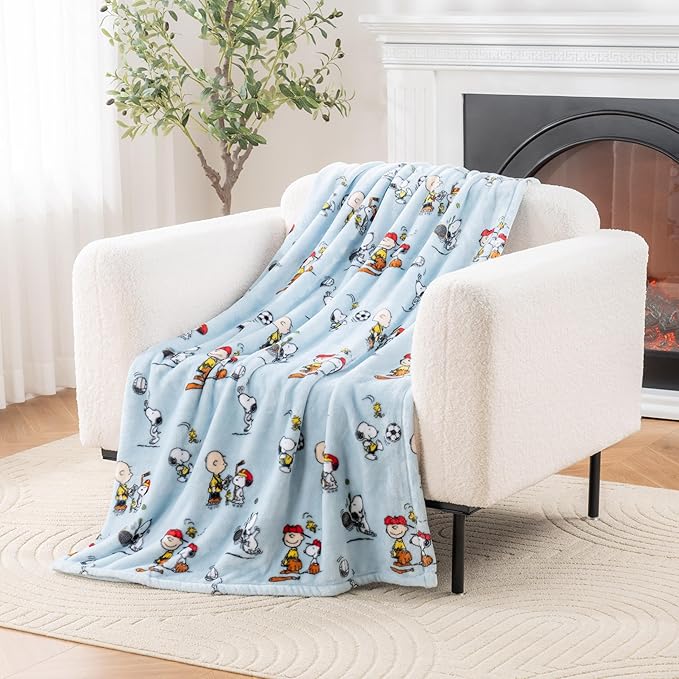 Berkshire Blanket Peanuts® VelvetLoft® Cute Character Snoopy Plush Throw Blanket,Snoopy The Athlete Closed in Blue,Throw 55 in x 70 in (Official Peanuts® Product)