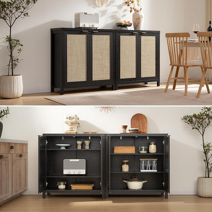 SICOTAS Rattan Sideboard Buffet Storage Cabinet - Boho Credenza Coffee Bar Cabinet with Large Storage, Buffet Console Table for Kitchen Living Room Entryway - Black