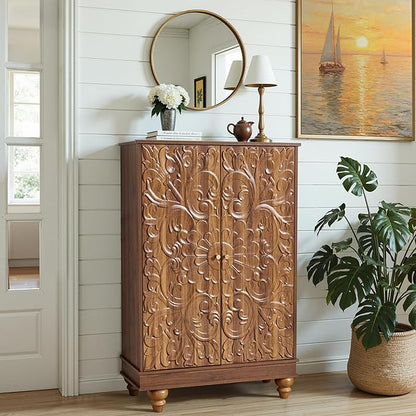 Sideboard Buffet Cabinet with Storage, Kitchen Storage Cabinet with Adjustable Shelves and 2 Doors, Vintage Accent Table for Living Room, Hallway (Walnut)