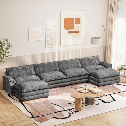 Furniwell Modular Sectional Sofa with Moveable Ottoman, Oversized 3-Seater Couch with Supportive Backrest, Chenille Convertible Sofa Couches for Living Room/Apartment (Grey, U Shaped)