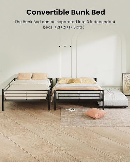 Full XL Over Queen Bunk Bed with Trundle, Heavy-Duty Queen Bunk Bed with with Safety Ladder and Full-Length Guardrail, Convertible to 3 Beds for Teens and Adults, Black