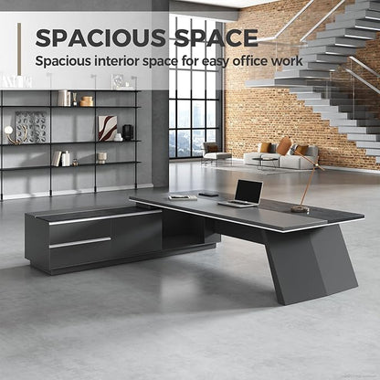 Modern L Shape Executive Desk with Storage Drawers – Large Black Corner Office Table for Home Workspace, Spacious Executive Desk with Cabinets (Black/Left, 87" L * 63" W * 30" H)