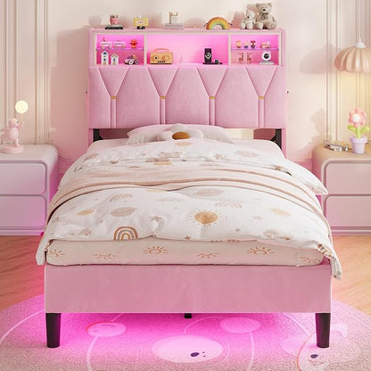 Twin Bed Frames with Storage Headboard,Power Outlet, LED Lights,Velvet Upholstered Platform Bed Twin for Kids, Pink Bed Frame with 5 Storage Shelves for Girls, No Box Spring Needed, Pink
