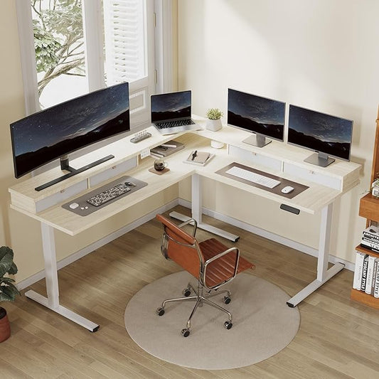 FLEXISPOT 71" L Shaped Standing Desk Electric Corner Table with Shelf, 4 Storage Drawers, Adjustable Computer Workstation for Home, Office, Game, Studio, USB Charger, Light Maple Top + White Frame
