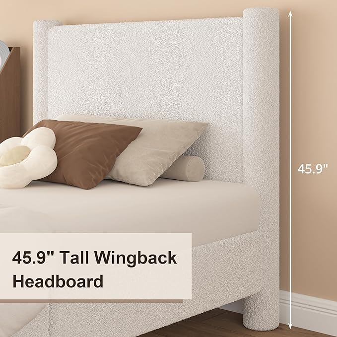 Full Size Bed Frame, Boucle Upholstered Platform Bed with Headboard and Footboard, Soft Rounded Corners, No Box Spring Required, Easy Assembly, White