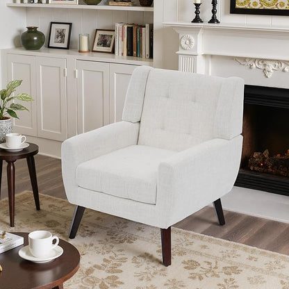 Accent Chair, Mid-Century Modern Upholstered Armchair, Comfy Fabric Living Room Chairs Reading Chairs with Button Tufted Back & Solid Wood Legs for Bedroom, Office, Beige