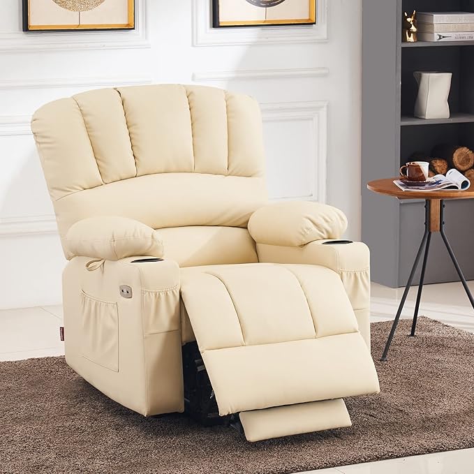 MCombo Power Lift Recliner Chair for Elderly, Lift Chair with Heat and Massage, USB &Type C Ports, Cup Holders, Faux Leather 7095 (Medium, Cream White)
