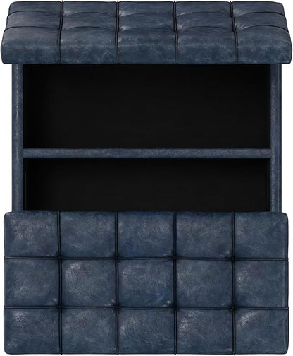 SIMPLIHOME Harrison 30 inch Wide Transitional Square Small Coffee Table Storage Ottoman in Denim Blue Vegan Faux Leather, Assembled, for The Living Room and Bedroom