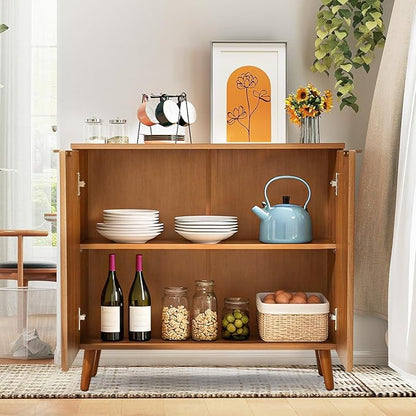Fluted Brown Storage Cabinet with Doors, Wood Sideboard Buffet Cabinet with Adjustable Shelf, Modern Accent Table for Living Room, Entryway