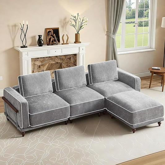 112" 3 Seater Cloud Couch with Ottoman,Modular Sectional L Shaped Sofa with Armrests Wooden Legs,Oversized Deep Seat Comfy Thicked Cushion Upholstered Sofa for Living Room Bedroom,Light Grey