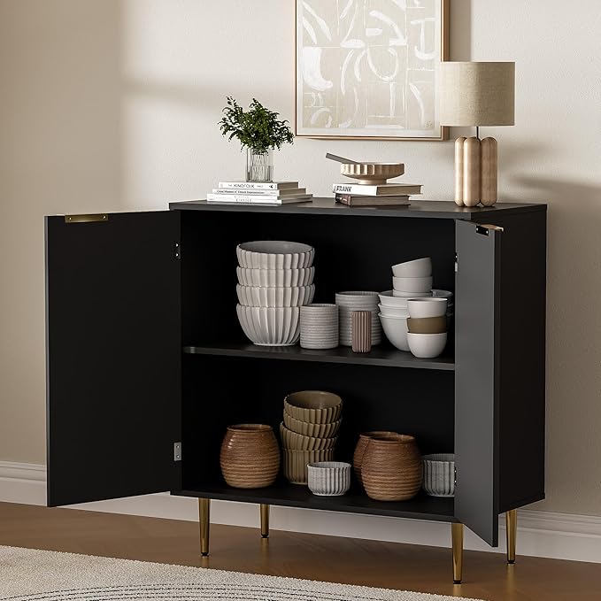 Buffet Sideboard Cabinet with 2 Doors, Modern Kitchen Cabinet with Golden Handles & Legs, Adjustable Shelf, Accent Coffee Bar Storage Sideboard for Kitchen, Living Room, Black