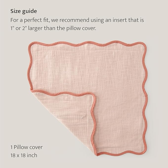 Double Stitch Scalloped Throw Pillow Covers - 100% Cotton Decorative Boho Pillow Covers 18 x 18, Made in India, Square Cushion Case, Modern Home Decor for Couch Sofa Living Room, Shell Pink