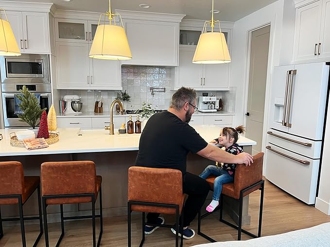 Alpha Home 24 Inch Bar Stools Set of 3, Kitchen Counter Stools with Backs, PU Leather Barstools, Kitchen Stools with Back&Upholstered Footrest, Sturdy Chromed Metal Steel Frame, Brown