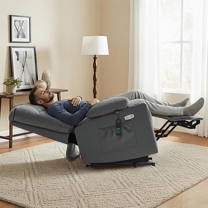 MCombo Large Dual Motor Power Lift Recliner Chair for Elderly, Massage and Heat, Lay Flat, Zero Gravity, Home Button, USB Port, Faux Leather 7680 (Dark Grey, Large)