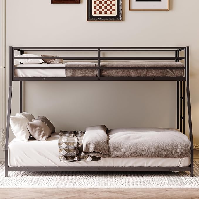 Bellemave Twin Over Full Bunk Bed Frame with Convertible Ladder, Heavy Buty Floor Bunk Bed Twin Over Full Bunk Beds with Full Length Guardrail, Black