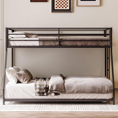 Bellemave Twin Over Full Bunk Bed Frame with Convertible Ladder, Heavy Buty Floor Bunk Bed Twin Over Full Bunk Beds with Full Length Guardrail, Black