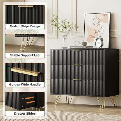 Black Dresser for Bedroom, Fluted Modern Dresser with Gold Pulls and 3 Drawers, 15.7" D x 31.5" W x 29.5" H