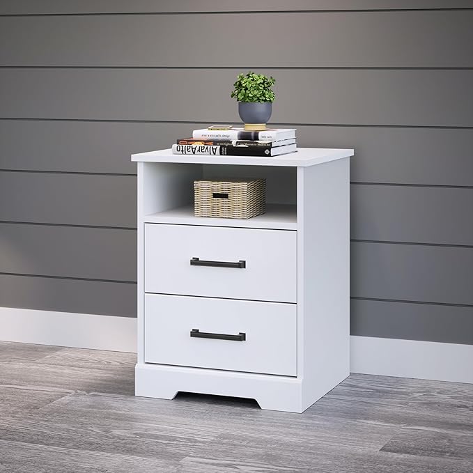 Prepac Rustic Ridge Farmhouse Nightstand Bedside Table, White Nightstand for Bedroom, End Table with 2 Drawers and Open Shelf 16.25"D x 18.75"W x 24.5"H